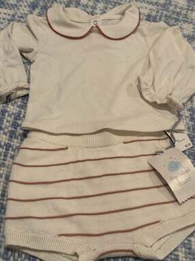 Cloud Island 12M Baby Girl Peter Pan Collar Top and Striped Knit Bloomer Set